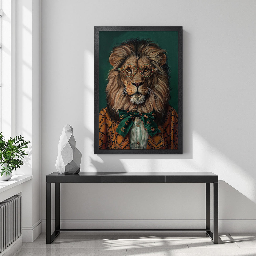 Framed Poster featuring a dapper lion in glasses and a bow tie. Stylish art with a warm, earthy color palette. Perfect wall decor!