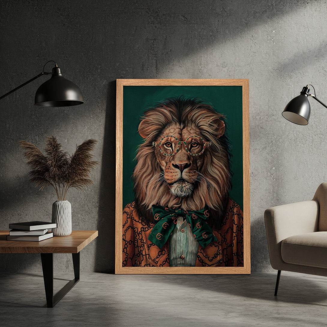 Framed Poster of a dapper lion in a suit. Stylish artwork with a green, brown, and gold color palette. Perfect for home decor.