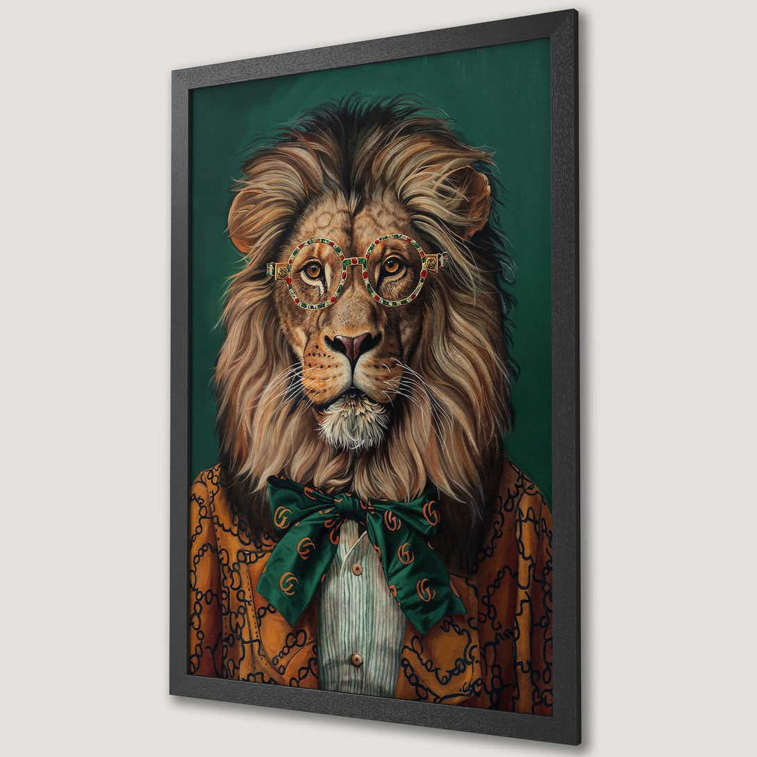 Framed Poster featuring a dapper lion in glasses and a bow tie. Stylish artwork with a warm, earthy color palette. Perfect wall art!