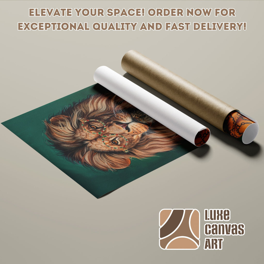 Lion Poster Roll art print in green and brown tones. Elevate your space with Luxe Canvas Art!