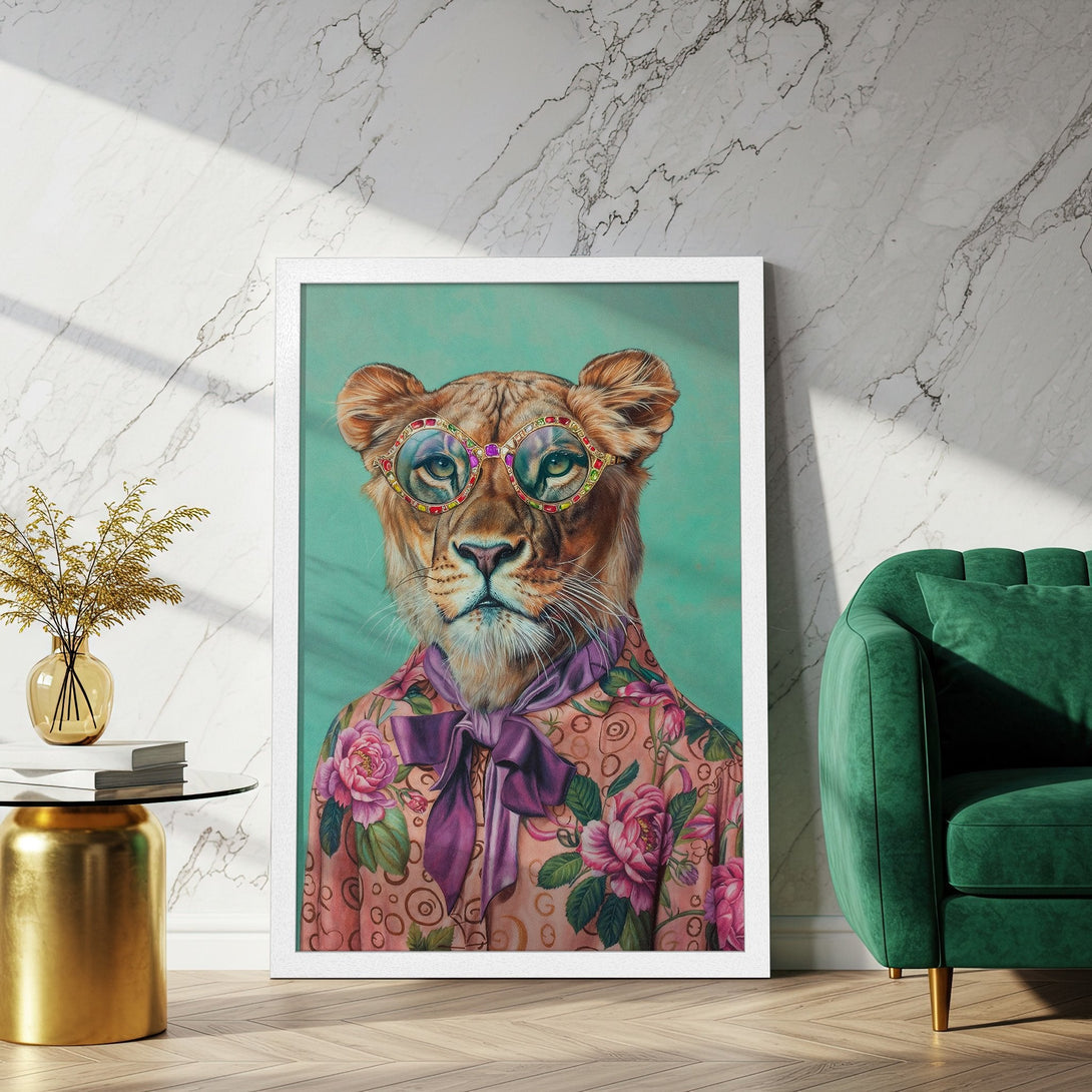 Framed Poster featuring a lioness in sunglasses, floral shirt, and purple accents. Modern art with a pink, green, and gold color palette.