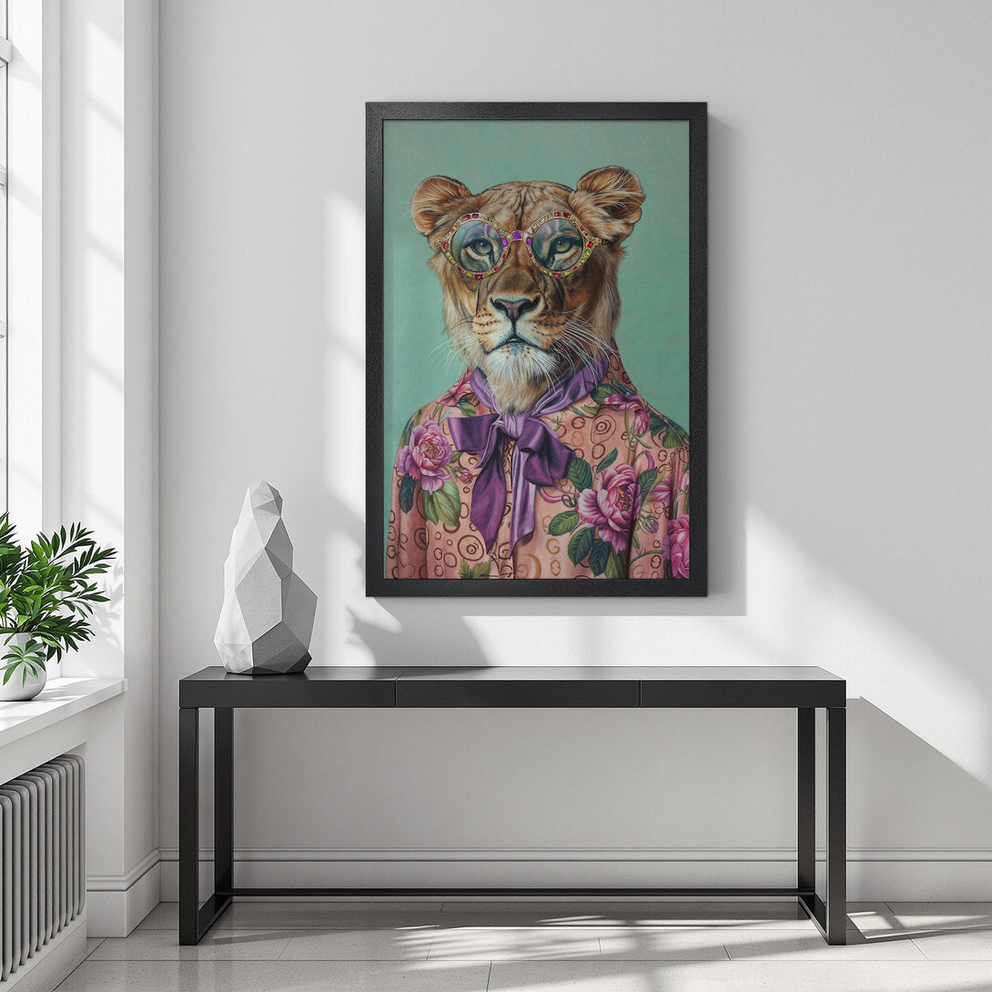 Framed Poster of a lion in glasses and floral shirt. Pop art style with pink, green, and gold color palette. Unique wall art.