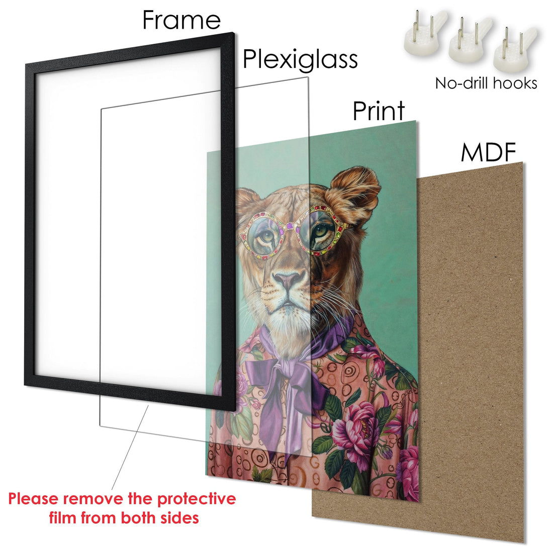 Framed Poster featuring a stylish lion portrait with a floral shirt. Vibrant colors and a unique art style. Ready to hang!