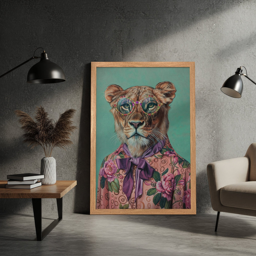 Framed Poster of a lioness in sunglasses and floral shirt. Whimsical art with a pink, teal, and brown color palette. Perfect wall decor.