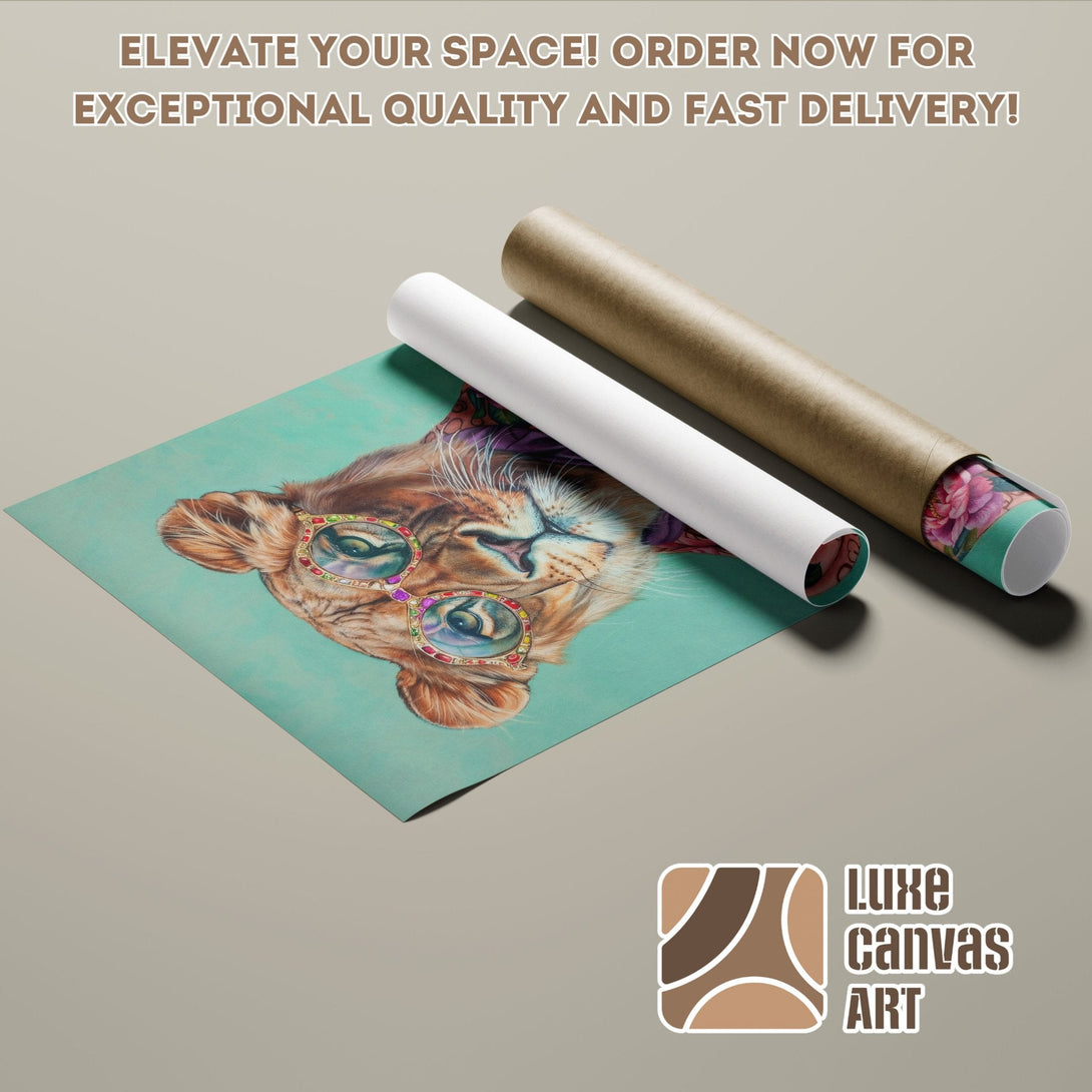 Lion Poster Roll, colorful artwork with teal, brown, and pink tones. Elevate your space with Luxe Canvas Art!