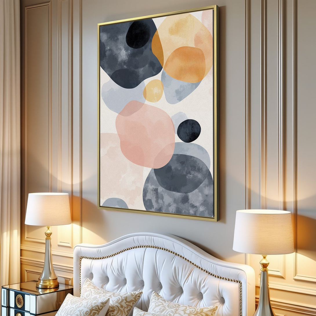Abstract Canvas Print in neutral tones. Modern art with soft pink, grey, and ochre shapes. Perfect for living room decor.