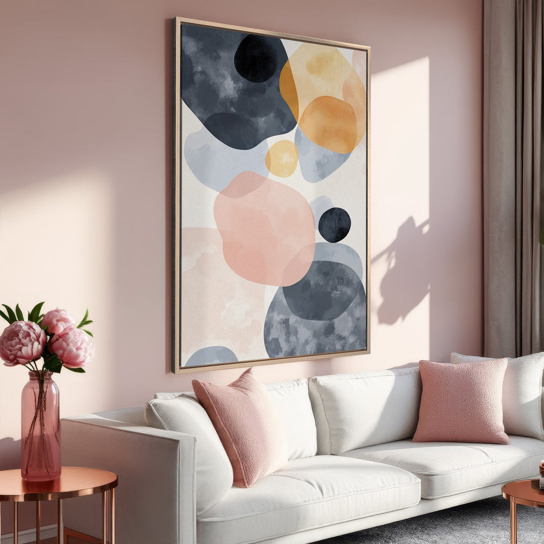 Framed Wall Art with abstract shapes in blush, navy, and ochre tones, perfect for adding a modern touch to your living room. Shop now!