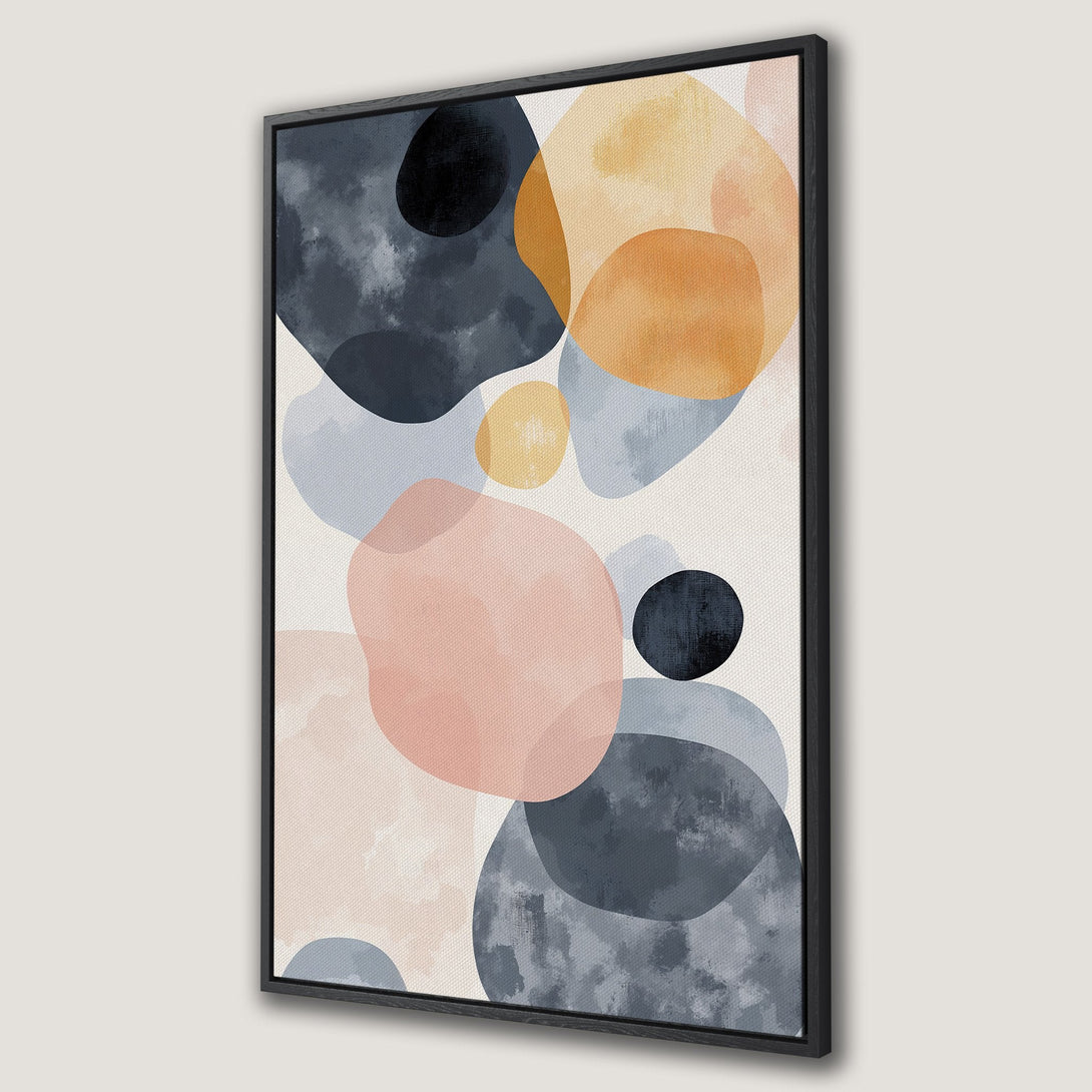 Framed Wall Art: Abstract watercolor Canvas Print with organic shapes in muted tones of blue, peach, and gold. Modern art for stylish home decor.
