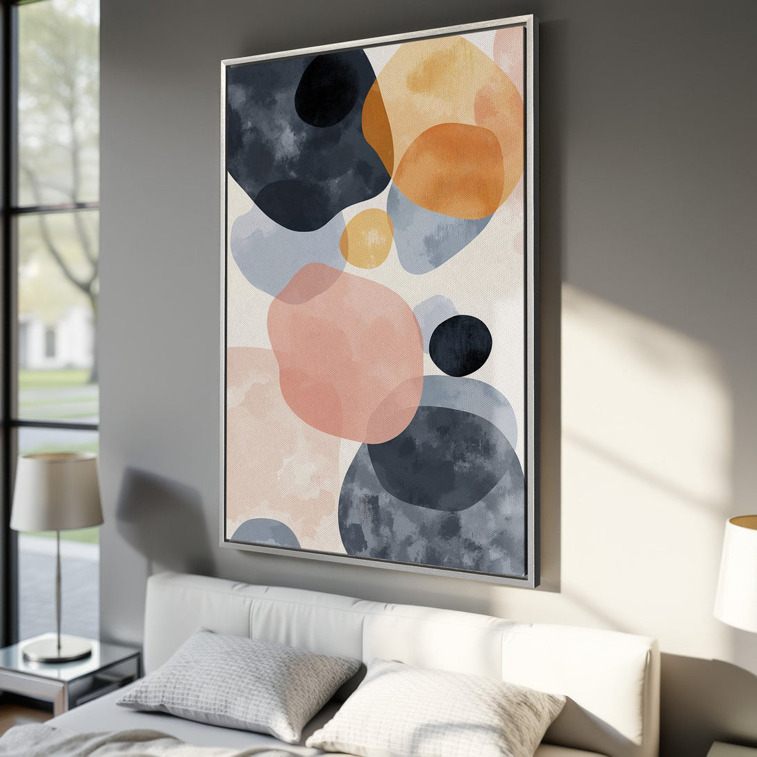 Framed Wall Art featuring abstract watercolor shapes in a modern style. Earthy color palette with blues, oranges, and pinks. Perfect for bedroom decor.
