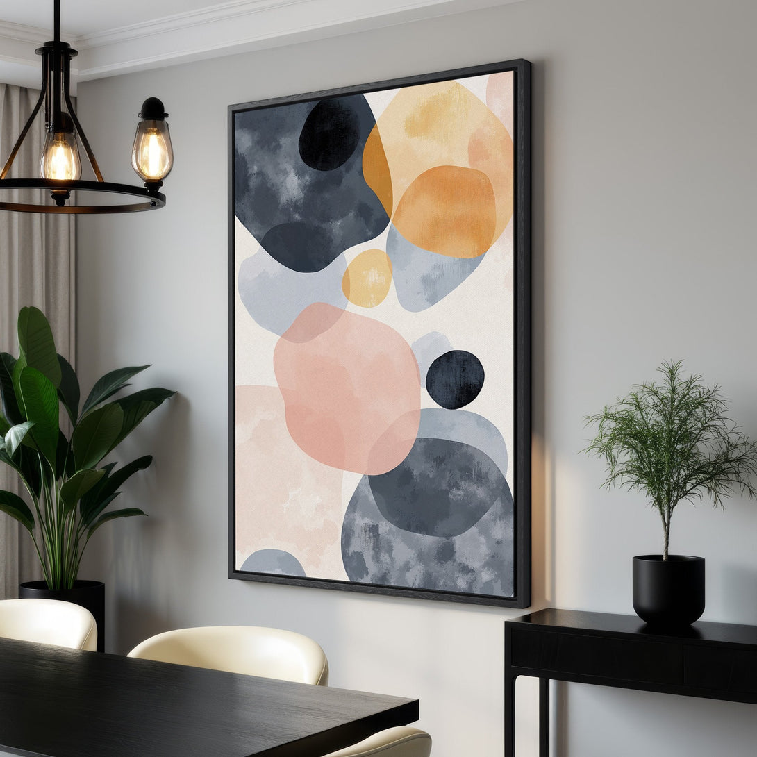 Framed Wall Art: Abstract watercolor Canvas Print with a modern style, featuring soft pink, blue, and orange hues. Perfect for adding a touch of elegance.