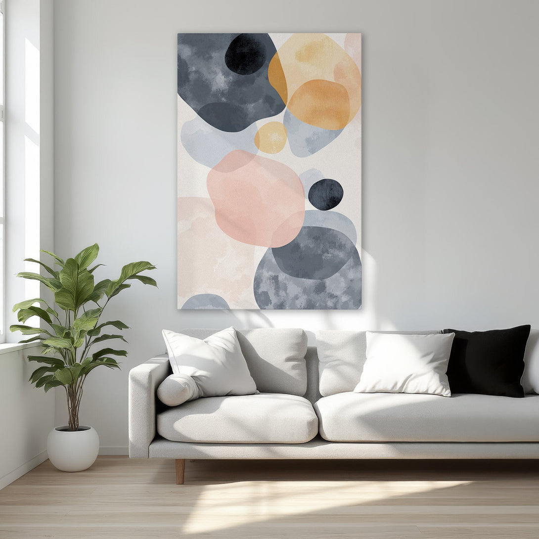 Framed Wall Art featuring abstract shapes in a soft, modern style. Earthy color palette with pink, orange, and gray tones, perfect for bedroom decor.