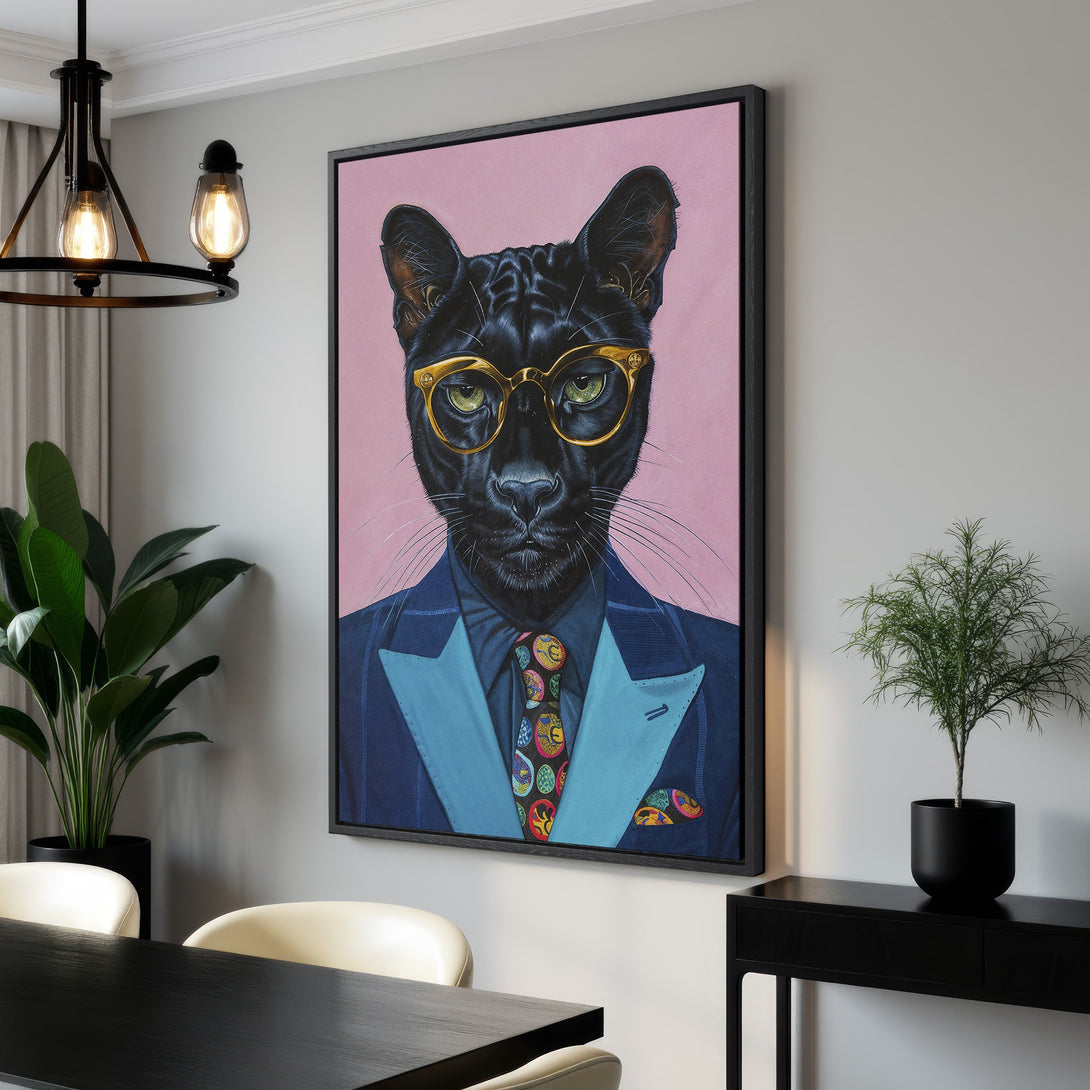Framed Wall Art: Stylish panther portrait in a blue suit with a pink background. Modern art print with a pop of color for your home decor.