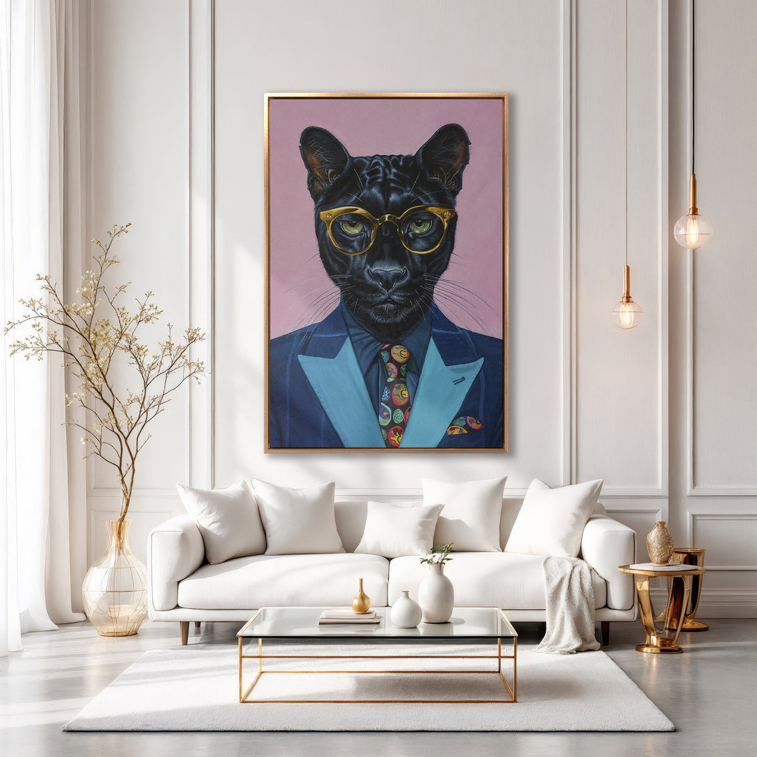 Framed Wall Art featuring a dapper panther in a suit, gold frame. Modern style, with a sophisticated, pink and blue color palette. Perfect for home decor.
