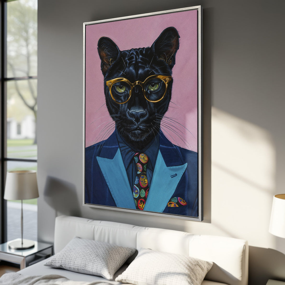 Framed Wall Art: Dapper black panther portrait with glasses. Stylish canvas print in blue, pink, and gold color palette. Perfect for modern home decor.