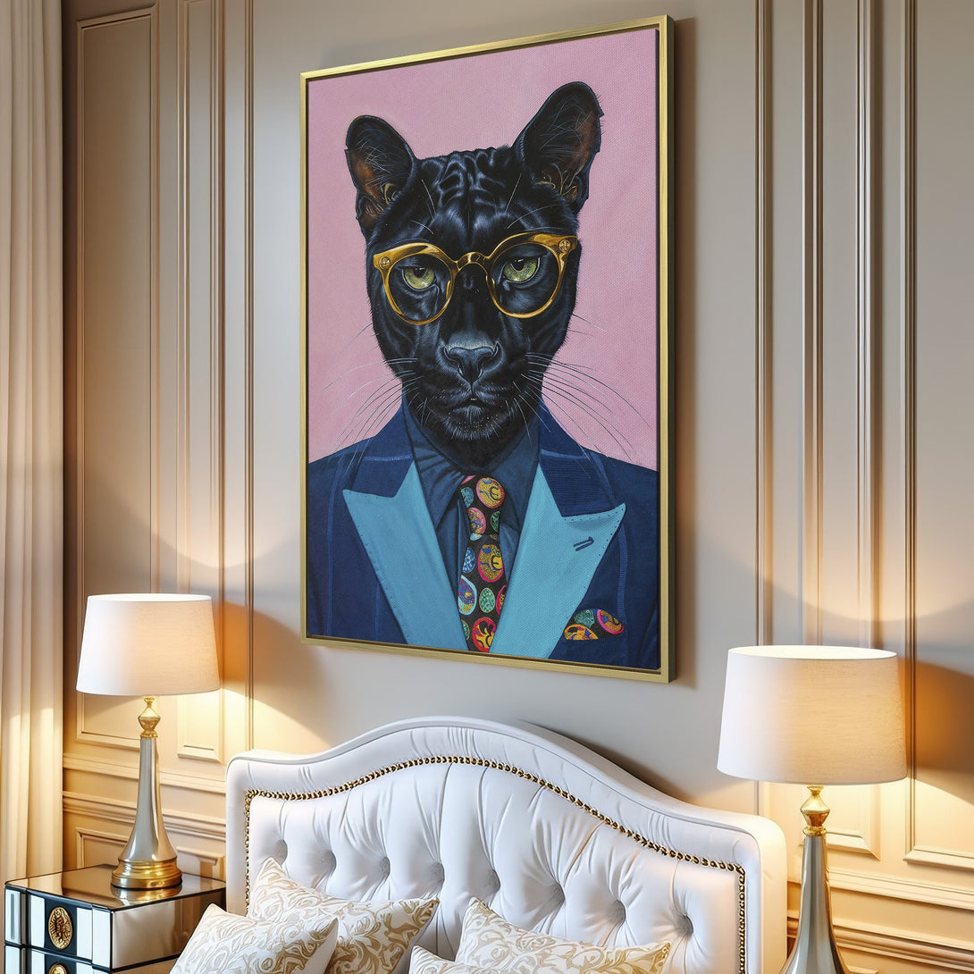 Canvas Print: Stylish panther portrait in a suit, gold glasses, and pink background. Modern wall art with a blue and pink color palette.