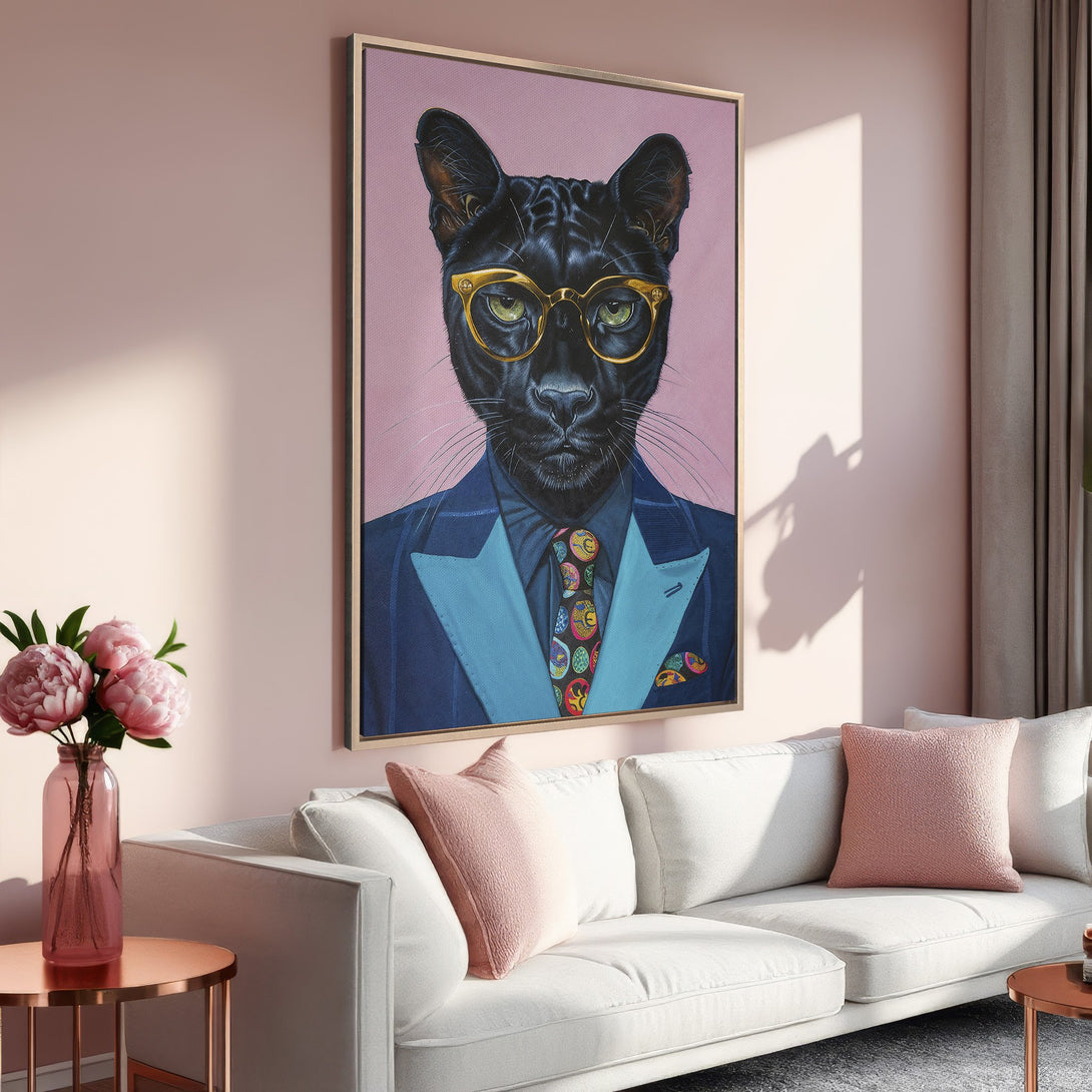 Framed Wall Art: Stylish panther portrait in a suit, gold glasses. Modern art with pink, blue, and gold accents. Perfect for a chic living room.