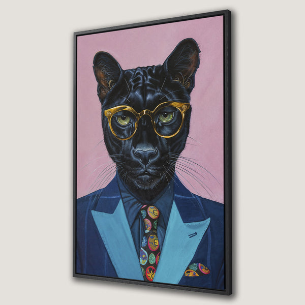 Framed Wall Art featuring a dapper black panther wearing glasses and a suit. Stylish artwork with a pink background and a vibrant color palette.