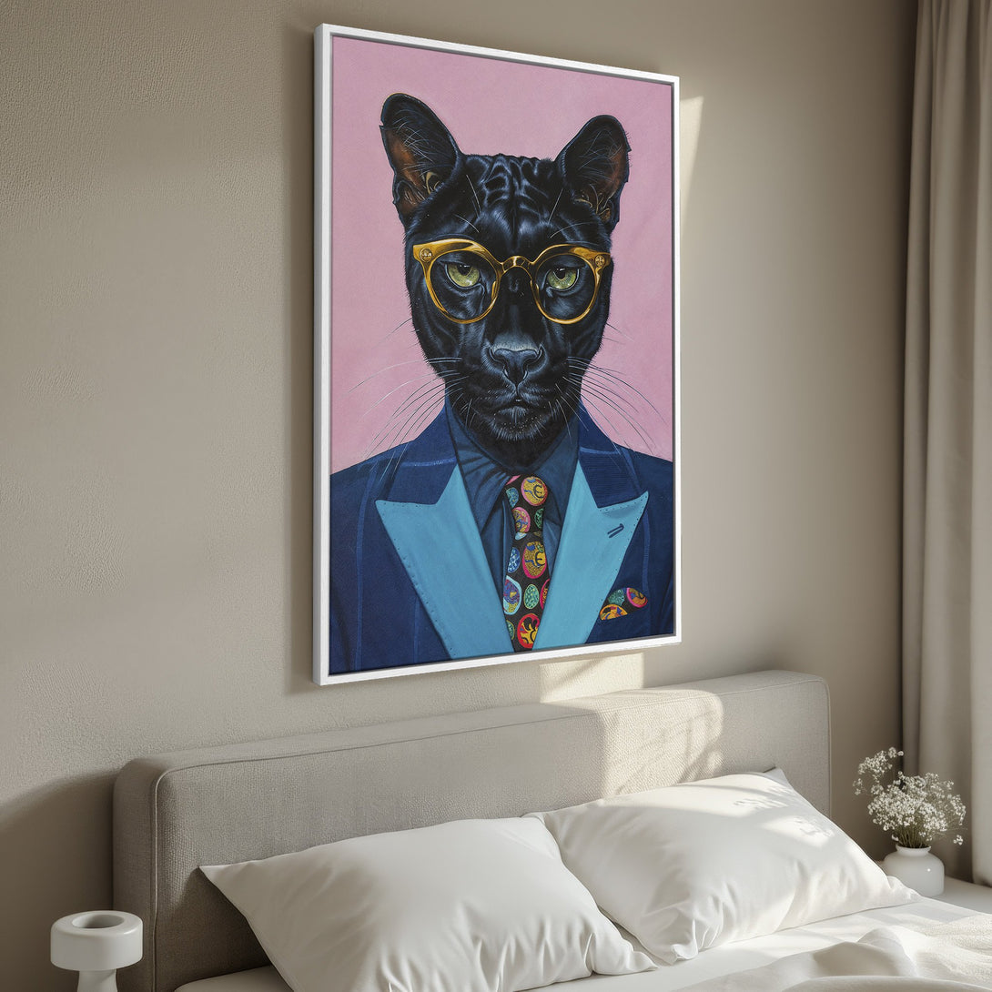 Framed Wall Art: Stylish black panther portrait in a suit with gold glasses. Pink and blue color palette. Perfect for modern home decor.