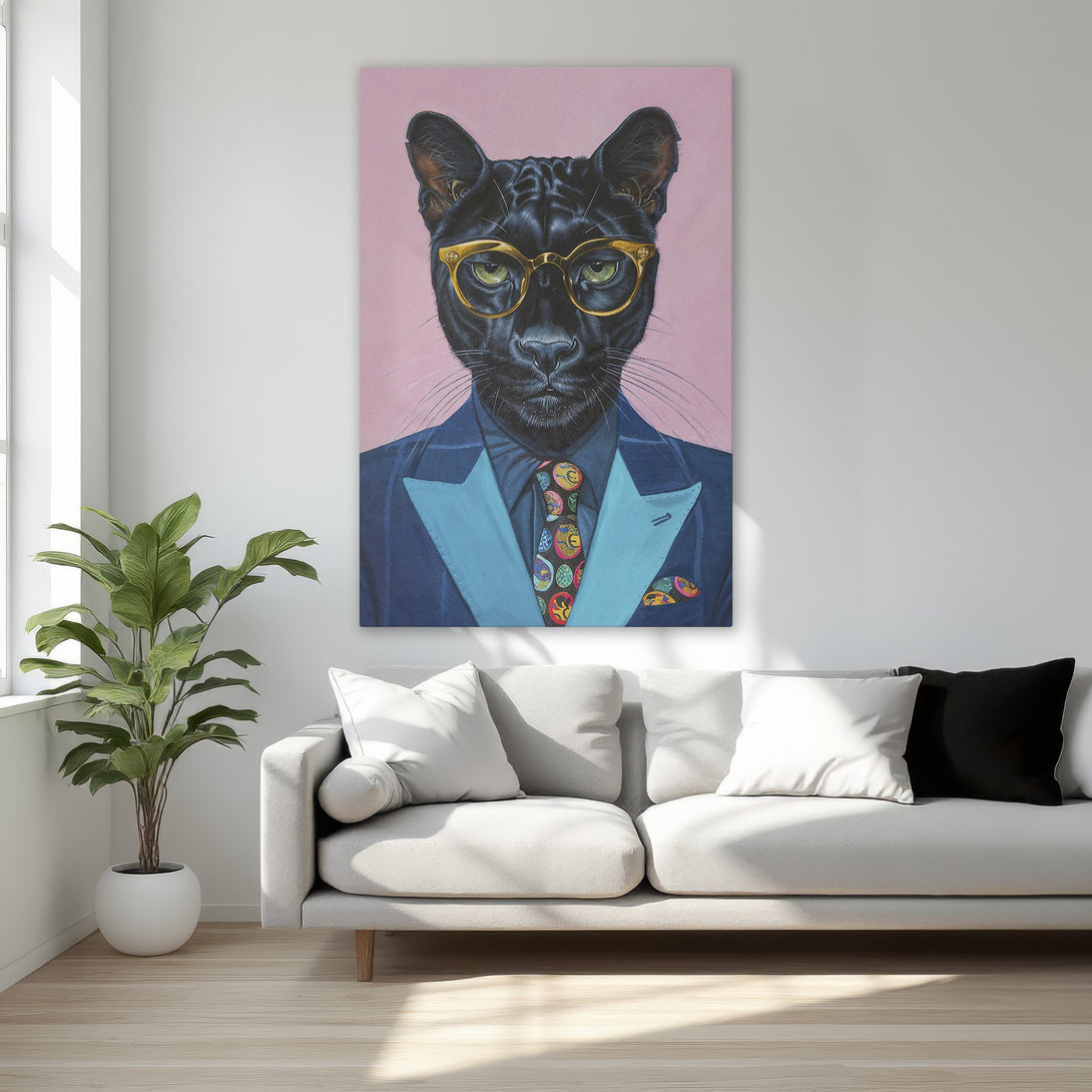 Framed Wall Art: Stylish panther portrait in a suit with gold glasses. Pink & blue color palette adds a touch of luxury to any room. Shop now!
