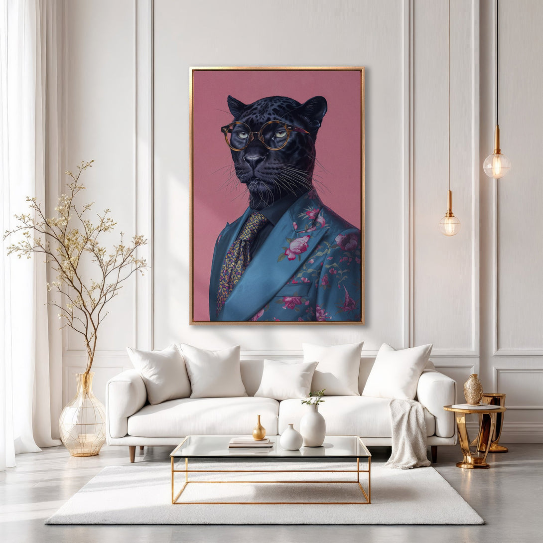 Framed Wall Art: Stylish panther portrait with glasses in a modern interior. Features a blue floral suit and pink background. Perfect for home decor!