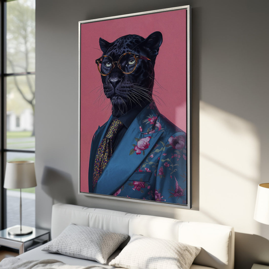 Framed Wall Art of a dapper panther in a floral suit. Modern art with a bold pink, blue, and black color palette. Perfect for adding style to your home.