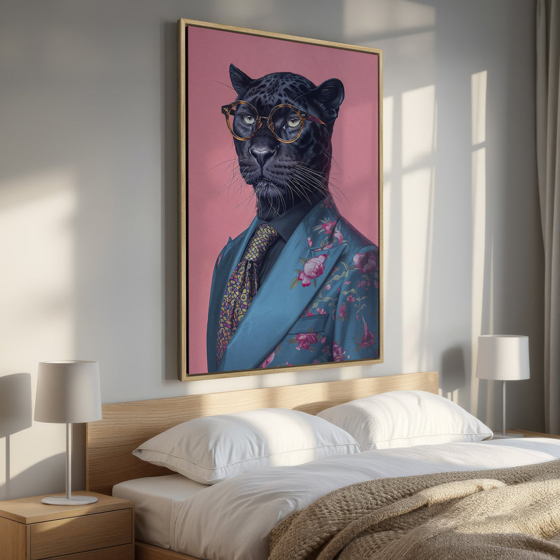 Framed Wall Art featuring a dapper black panther in a suit. Stylish, modern art with a pink and teal color palette. Perfect for bedroom decor.