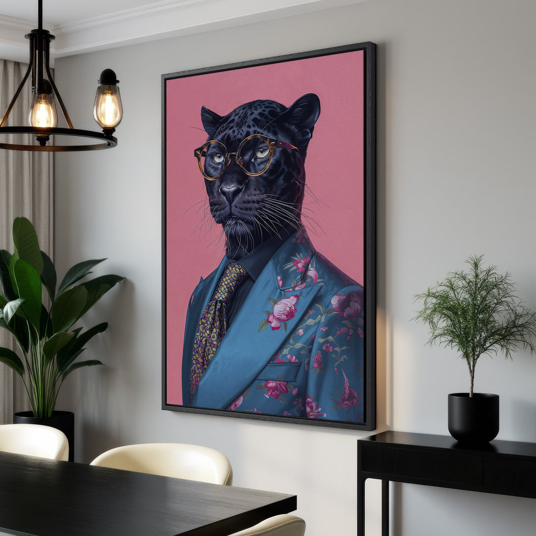 Framed Wall Art: Stylish panther in a suit with a pink background. Modern art with teal, pink, and black color palette. Perfect for home decor.
