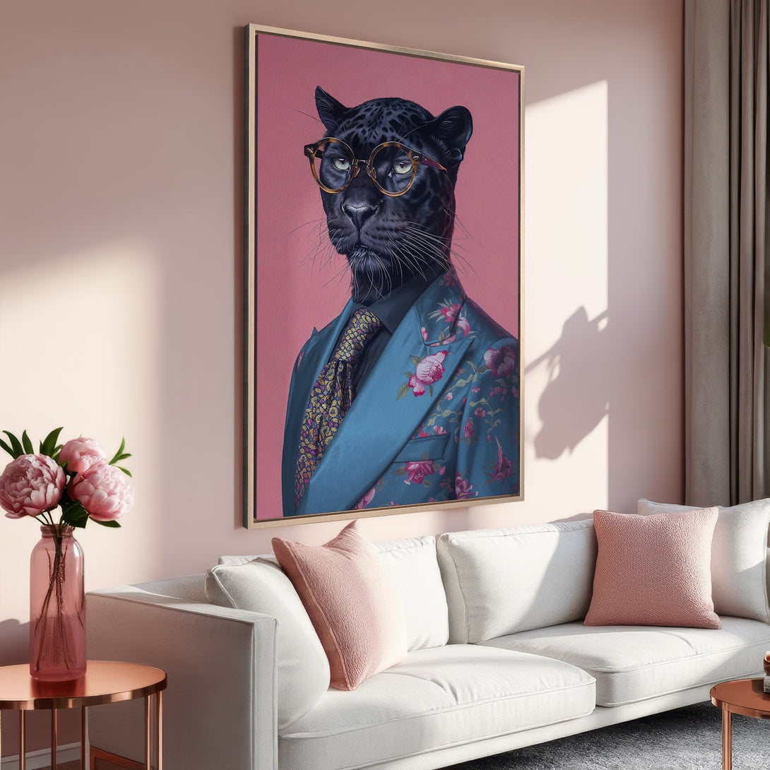 Framed Wall Art: Stylish panther portrait in a floral suit, displayed in a modern living room. Pink and teal color palette. Elevate your home decor!