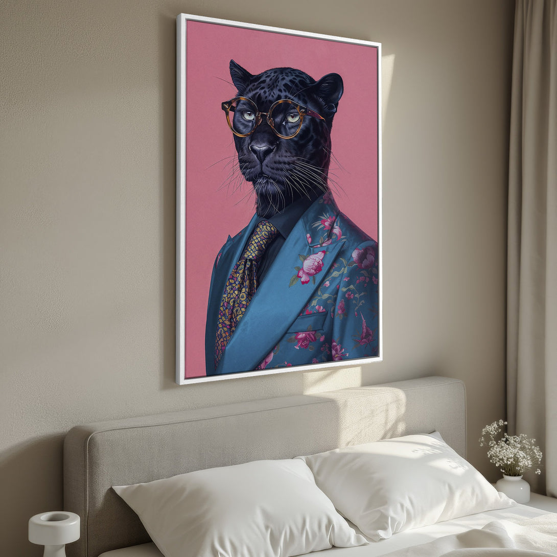 Framed Wall Art featuring a dapper panther in a suit, set against a pink backdrop. Stylish, modern art with a vibrant blue and pink color palette.