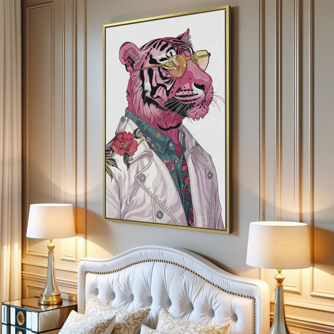 Canvas Print featuring a stylish pink tiger in sunglasses. Modern art with a vibrant pink and teal color palette. Perfect wall decor.