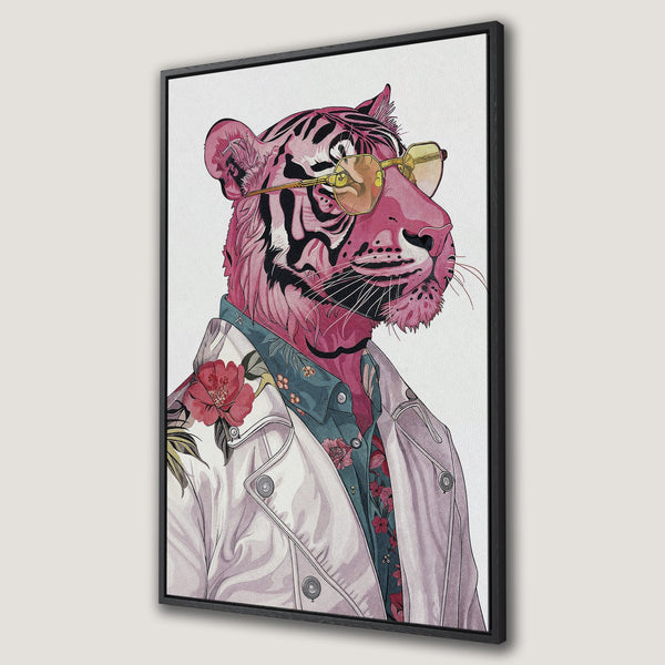 Framed Wall Art: Hipster tiger in pink tones wearing sunglasses. Modern, stylish canvas print with a pop of color, perfect for any room.