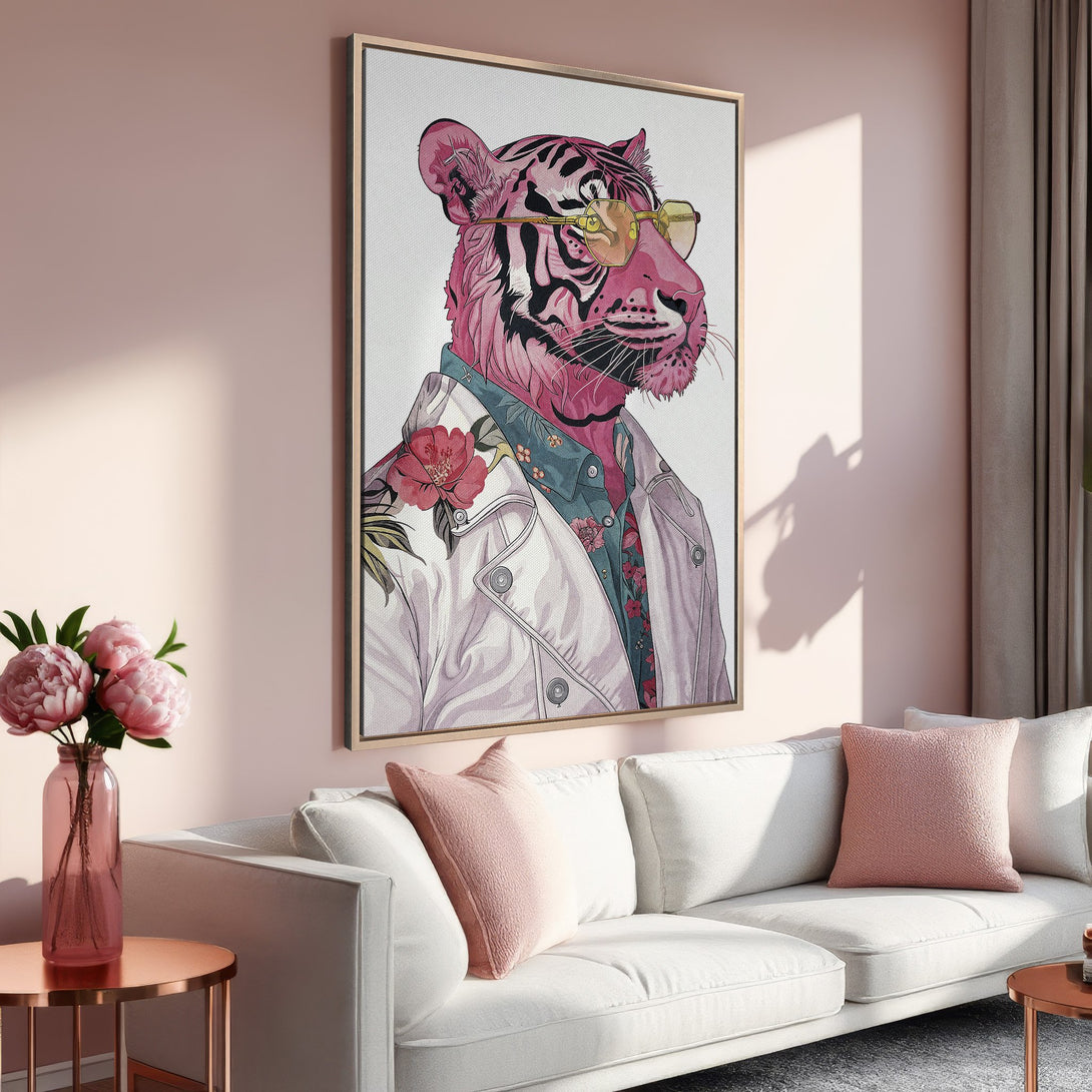 Framed Wall Art: Stylish tiger portrait in pink hues. Modern art adds a pop of personality to any space. Shop now for unique wall decor!