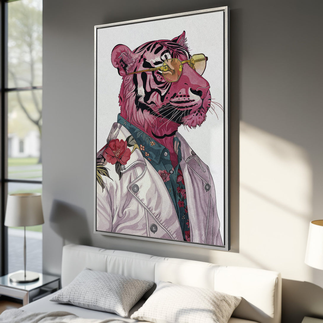 Framed Wall Art featuring a stylish tiger in a pink and floral palette. Modern, unique artwork for home decor.