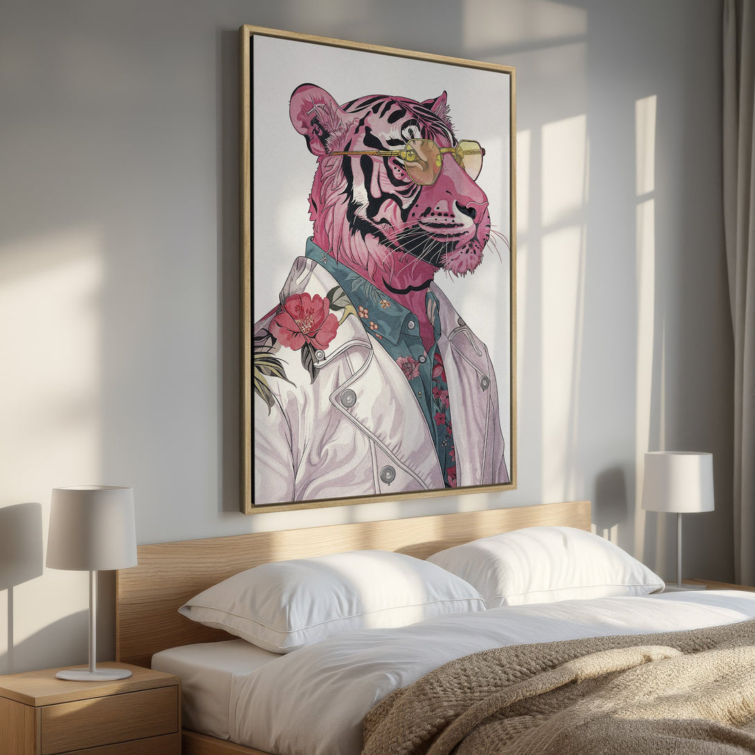 Framed Wall Art featuring a stylish tiger in pink and white, adding a pop of color to any room. Modern art with a fun, unique design.