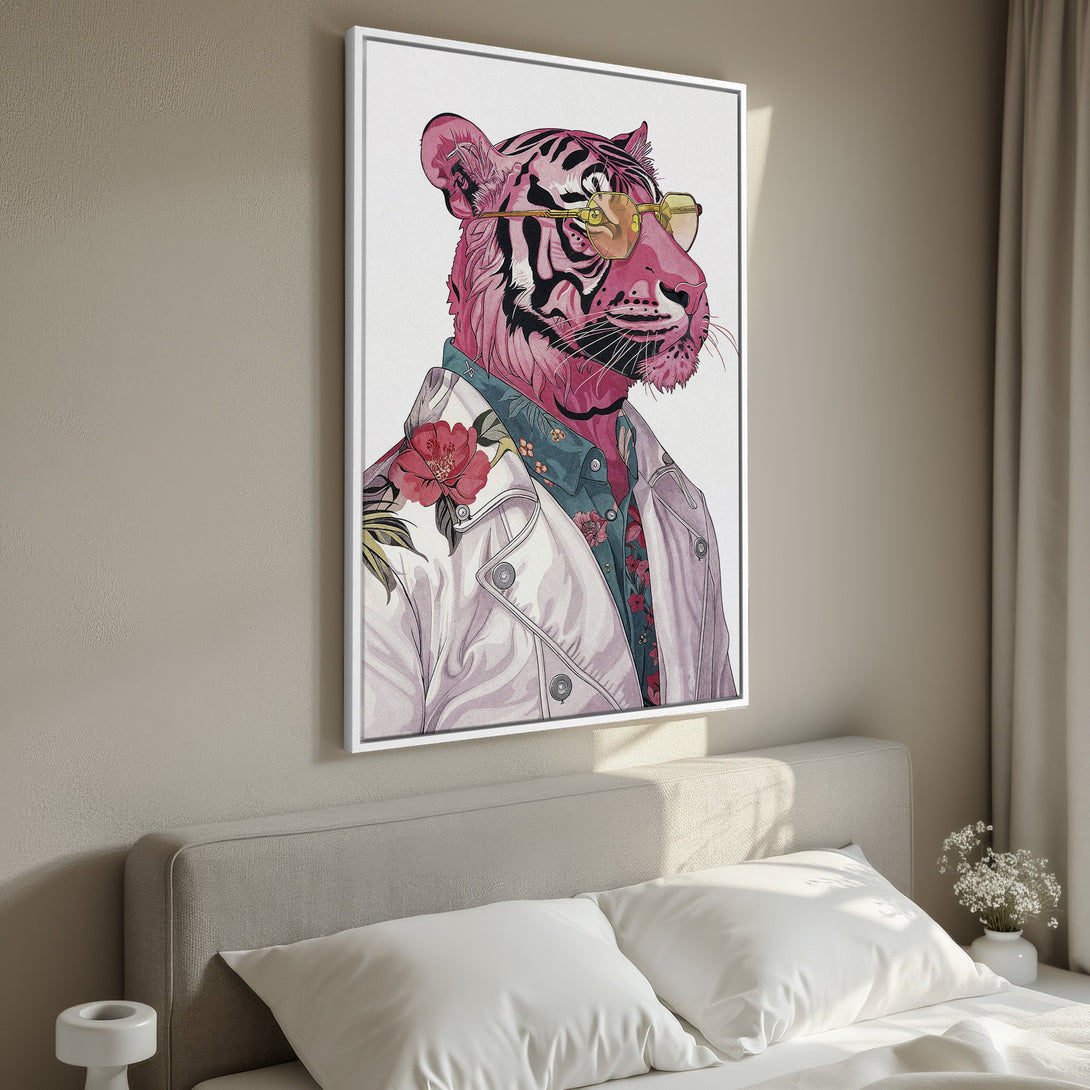 Framed Wall Art featuring a stylish tiger in pink and white. Modern, colorful canvas print perfect for bedroom decor.