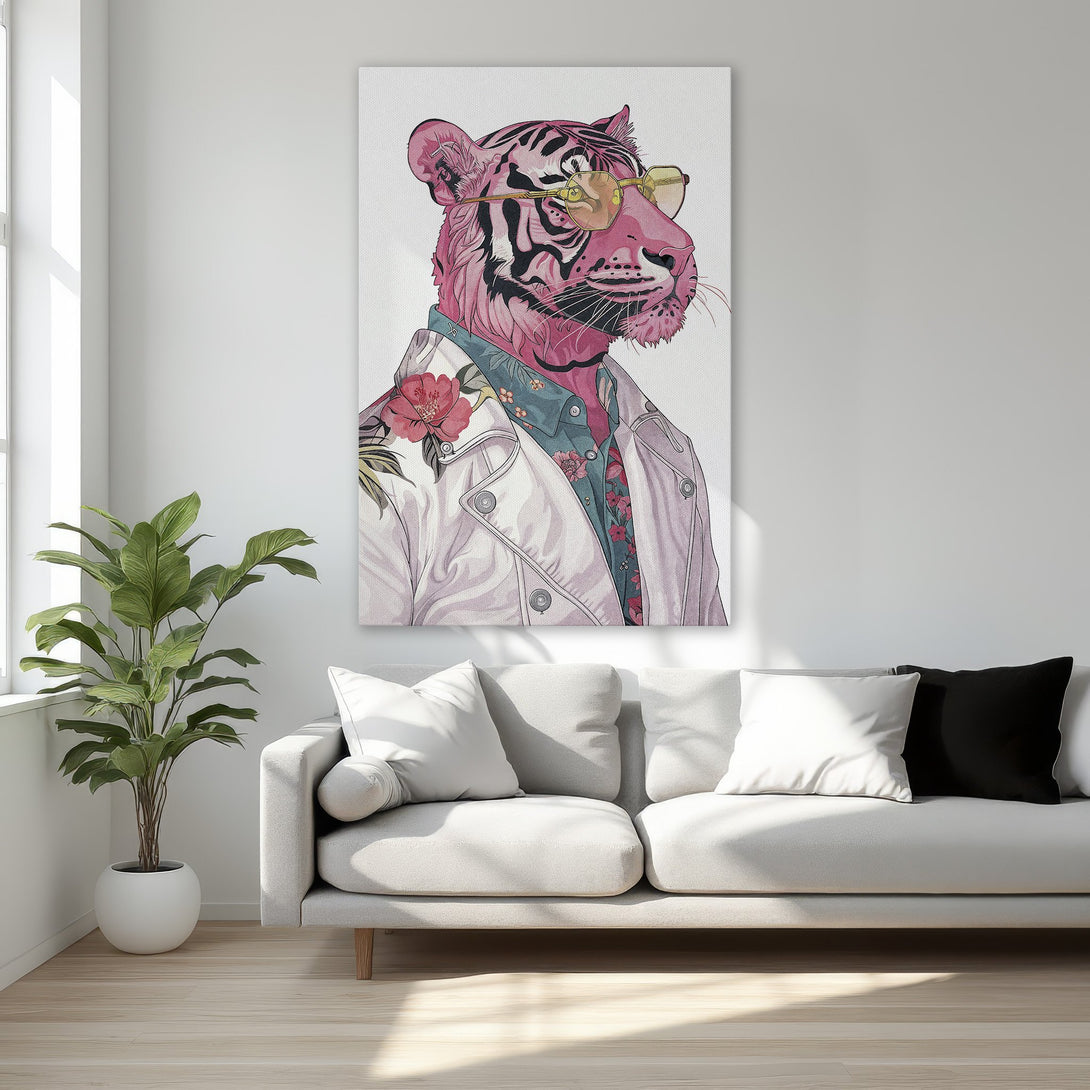 Framed Wall Art: Stylish tiger portrait in pink and gold tones. Modern art print for a chic interior. Add a touch of personality to your space!