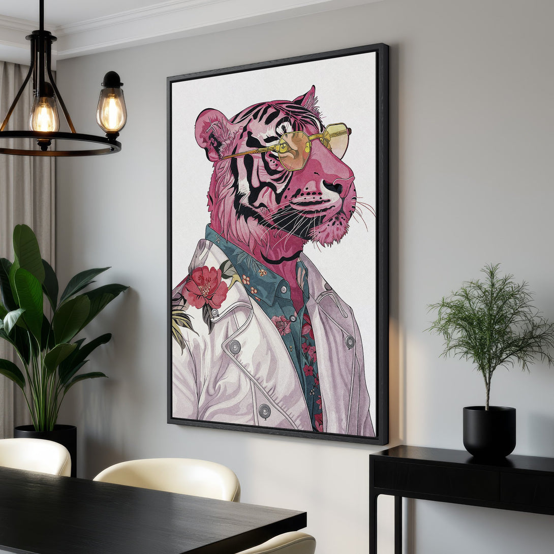 Framed Wall Art featuring a stylish tiger in pink and floral details. Modern art print with a playful, colorful palette. Perfect for adding personality to any space!