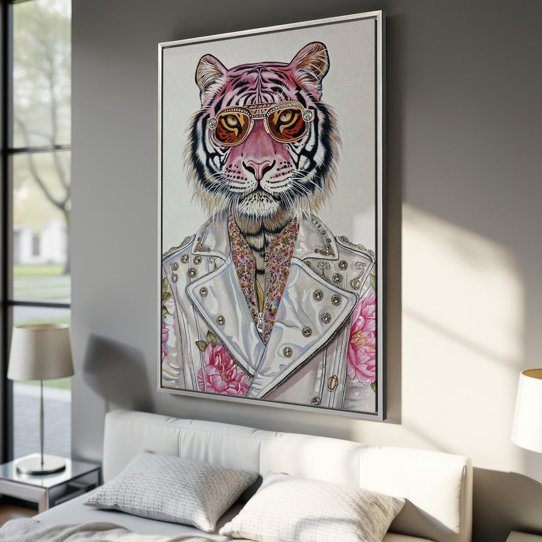Framed Wall Art: Stylish tiger portrait in a white jacket with pink floral accents. Modern, vibrant art with a neutral color palette, perfect for home decor.