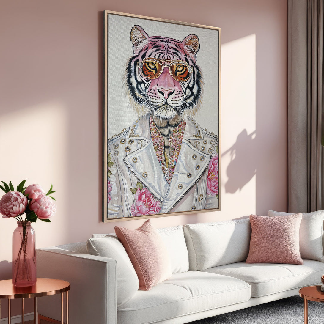 Framed Wall Art: Stylish tiger portrait in a white jacket and sunglasses. Soft pink & gold color palette. Perfect for modern home decor.