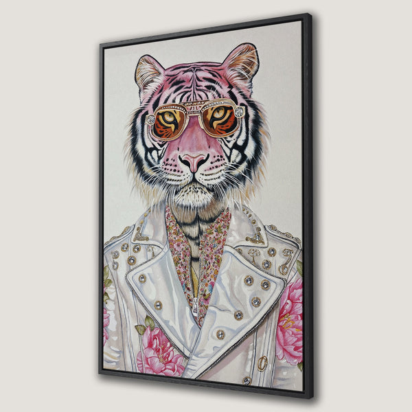 Framed Wall Art featuring a stylish tiger wearing sunglasses and a jacket. Whimsical artwork with a pink, white, and gold color palette. Perfect for modern decor.