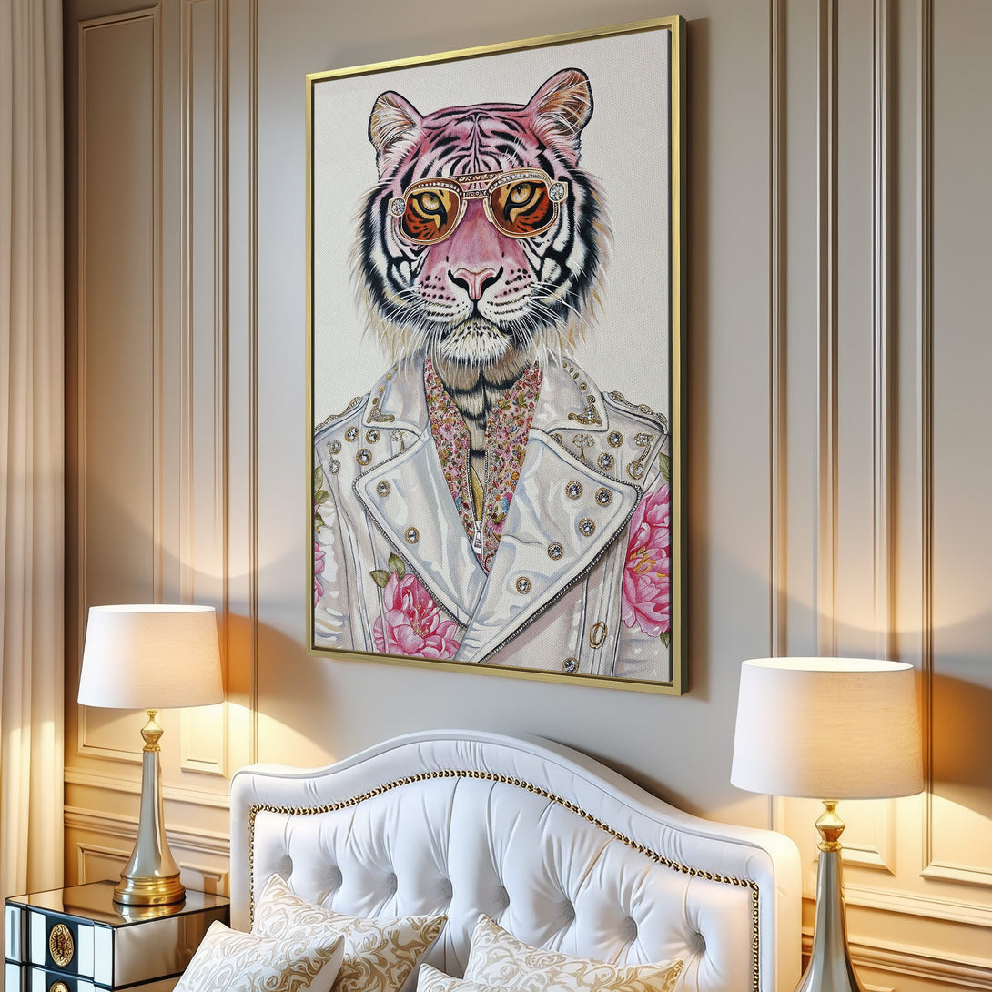 Canvas Print featuring a stylish tiger wearing sunglasses and a jacket. Modern art with a soft pink and white color palette, perfect for home decor.