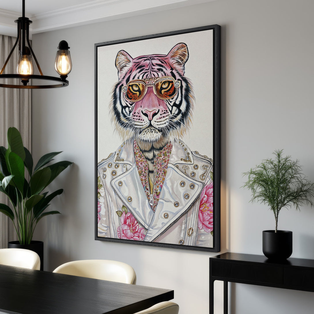 Framed Wall Art: Stylish tiger portrait in a white jacket with pink floral accents. Modern decor with a neutral color palette. Add a touch of luxury to your space!