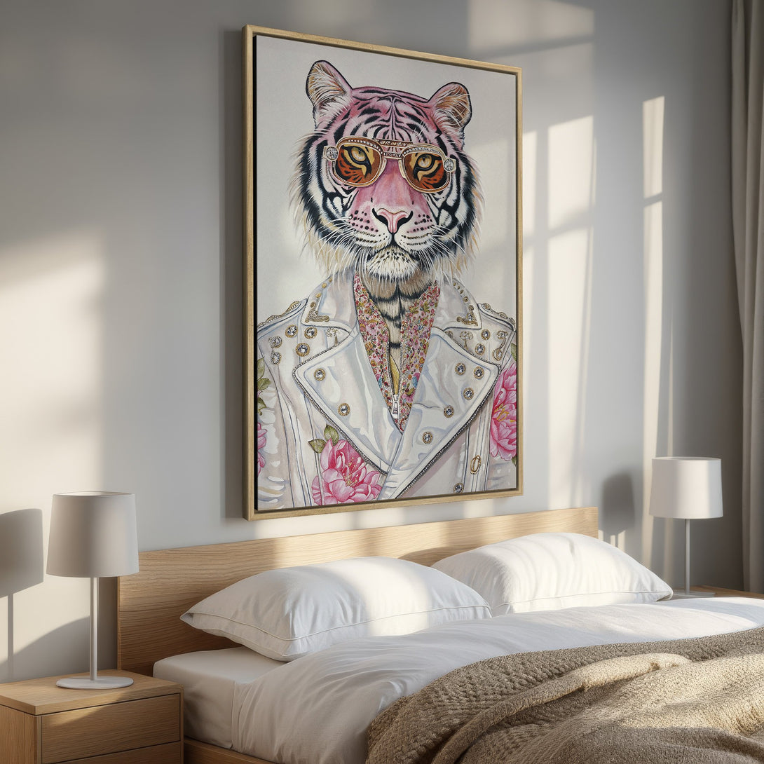 Framed Wall Art: Cool tiger portrait in sunglasses and a white jacket with pink floral accents. Neutral color palette, perfect for bedroom decor.