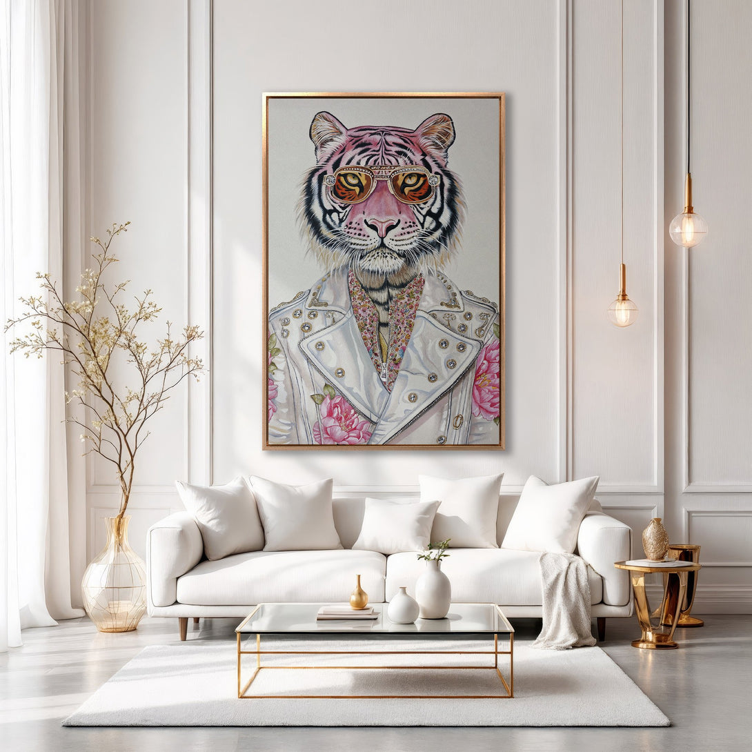 Framed Wall Art: Stylish tiger portrait in a white and gold interior. Modern canvas print with a pink, white, and gold color palette. Elevate your home decor!