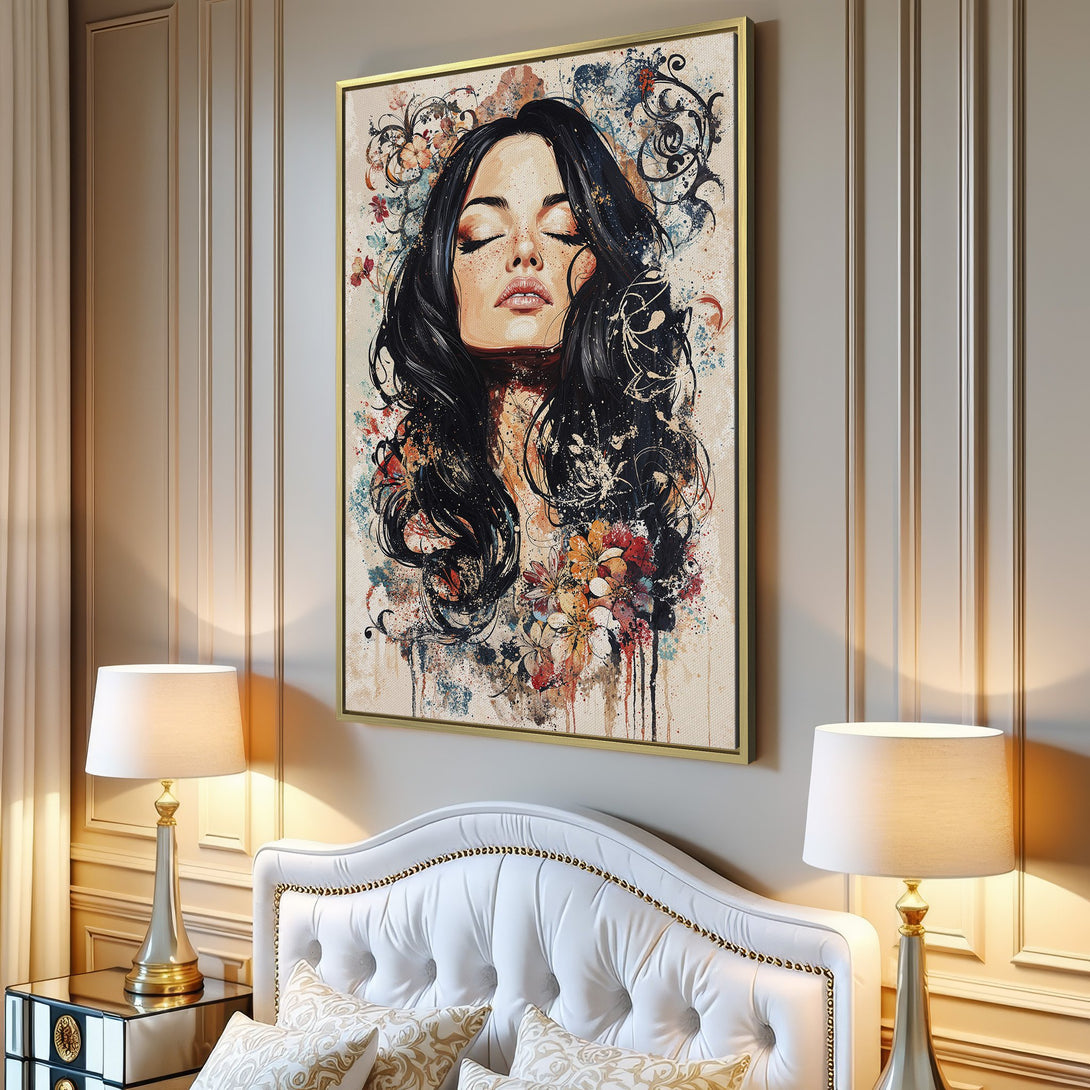 Canvas Print of a woman with closed eyes, watercolor style, featuring a neutral and floral color palette, perfect for home decor.