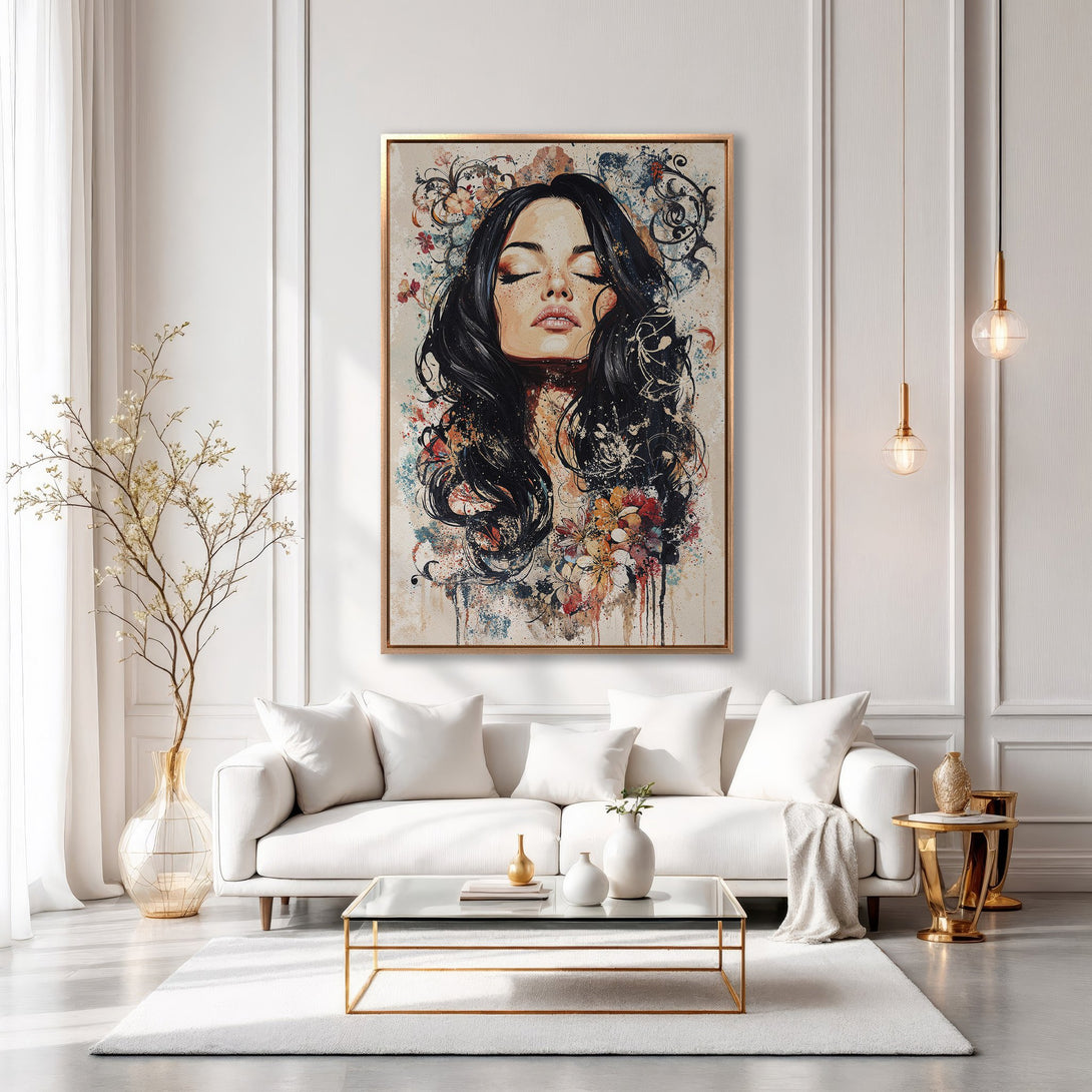 Framed Wall Art featuring a woman with closed eyes, floral accents, and a neutral color palette. Perfect for adding elegance to any living space.