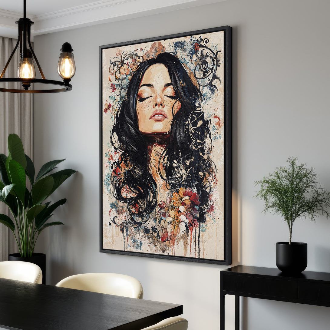 Framed Wall Art: Abstract portrait of a woman. Earthy tones with pops of color. Perfect for modern home decor. Canvas Print available.
