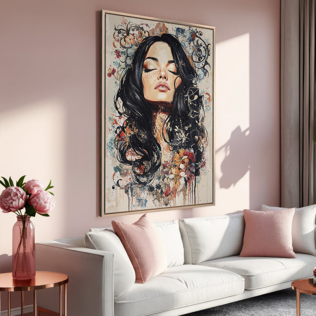 Framed Wall Art: Beautiful woman portrait in watercolor style. Soft pink and neutral color palette. Perfect for adding elegance to your home decor.