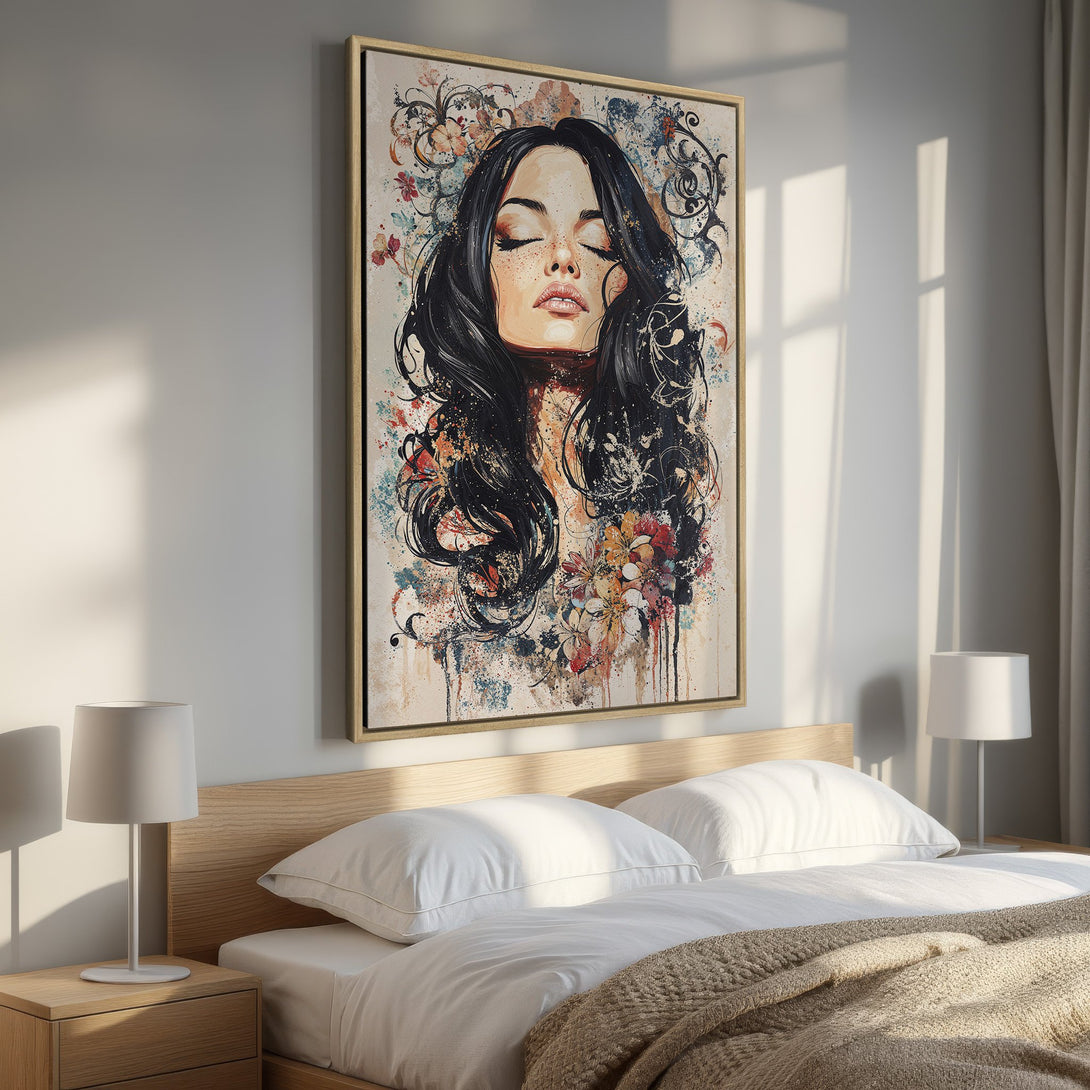 Framed Wall Art: Abstract portrait of a woman with black hair, colorful floral accents, and a neutral color palette. Perfect bedroom decor!