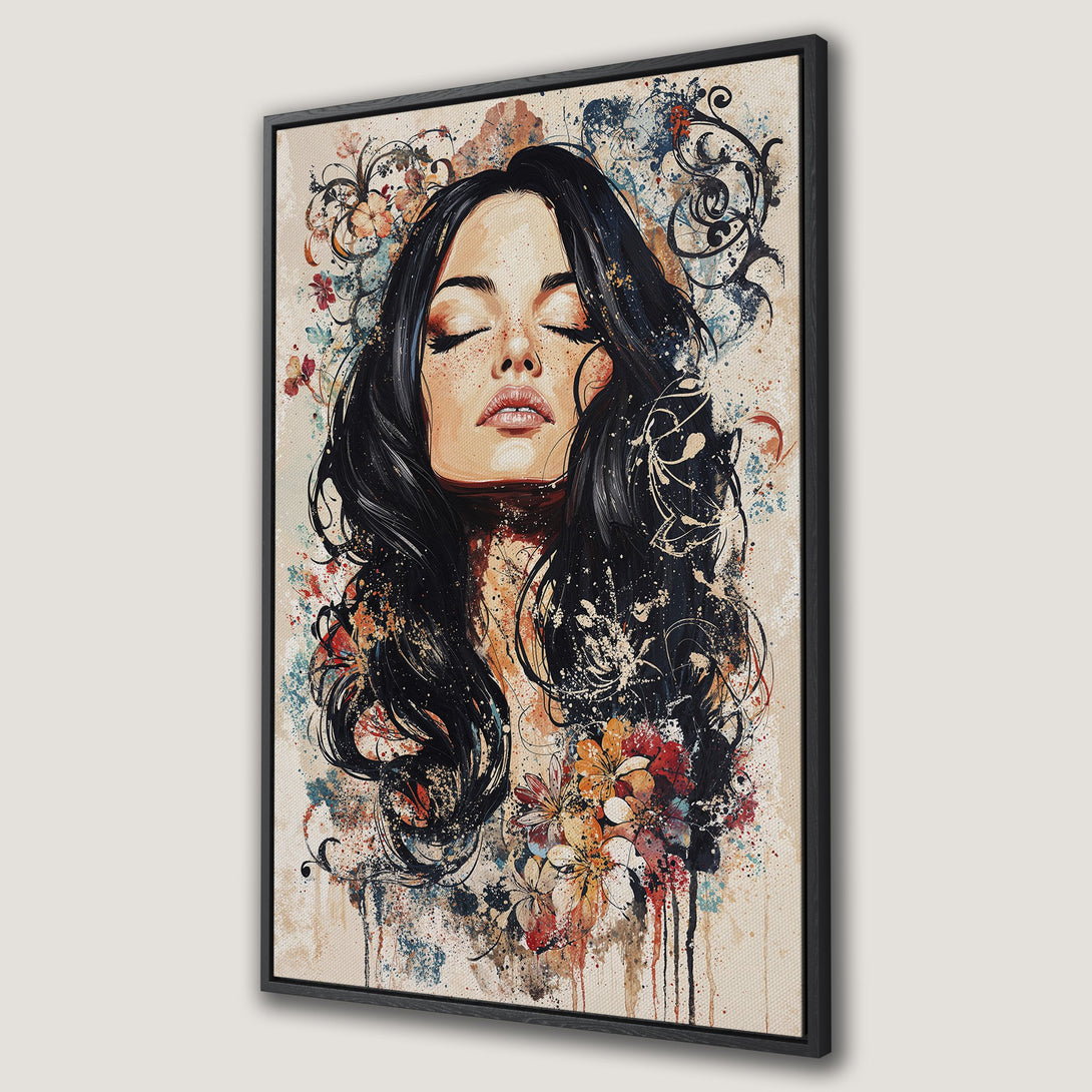 Framed Wall Art featuring a woman with closed eyes, in an abstract watercolor style. Earthy tones with pops of color create a captivating canvas print.